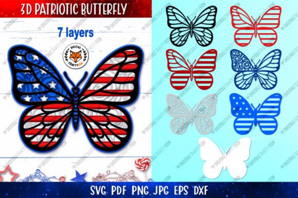 3D Patriotic Butterfly SVG, USA Flag