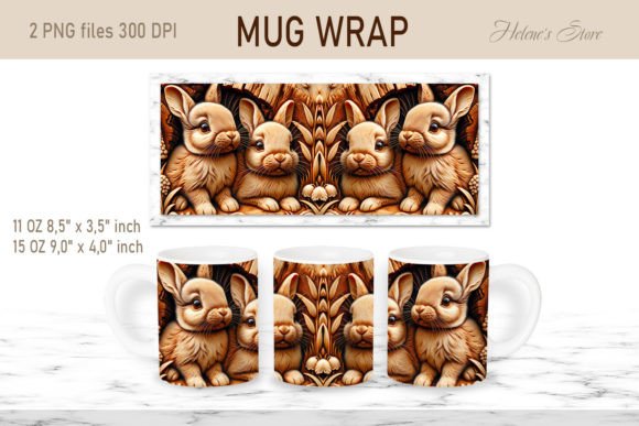 3d Rabbits Wood Design Mug Wrap 11oz 15