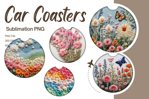 Elevate Your Ride with the 3D Flower Embroidery Car Coaster Set PNG